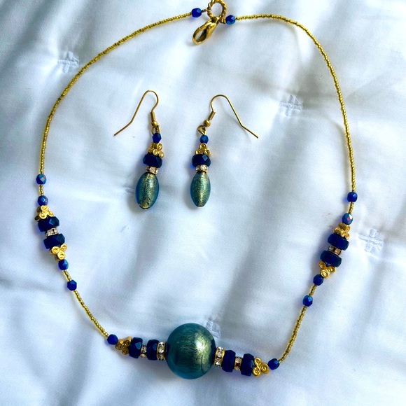 Authentic Vecchia Murano teal, blue and gold necklace/earring set - Picture 1 of 4